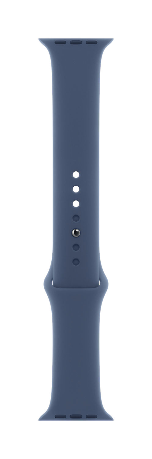 Blauwe Apple Watch band. Het heeft gaten voor verstelling en een sluiting.