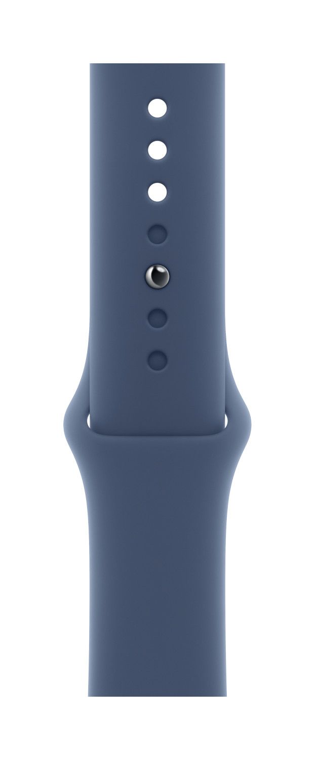 Een marineblauwe Apple Watch-band, met een verbindingssluiting, verticaal geplaatst.