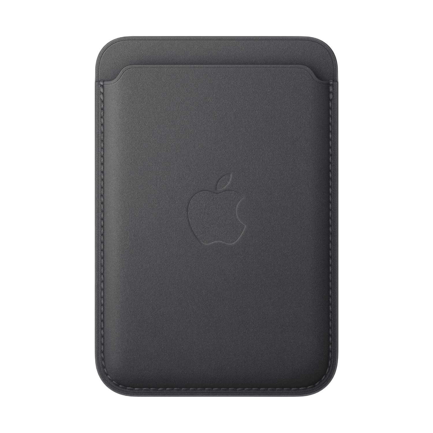 Donkergrijze Apple leren portemonnee met Apple logo. De achtergrond is zwart.