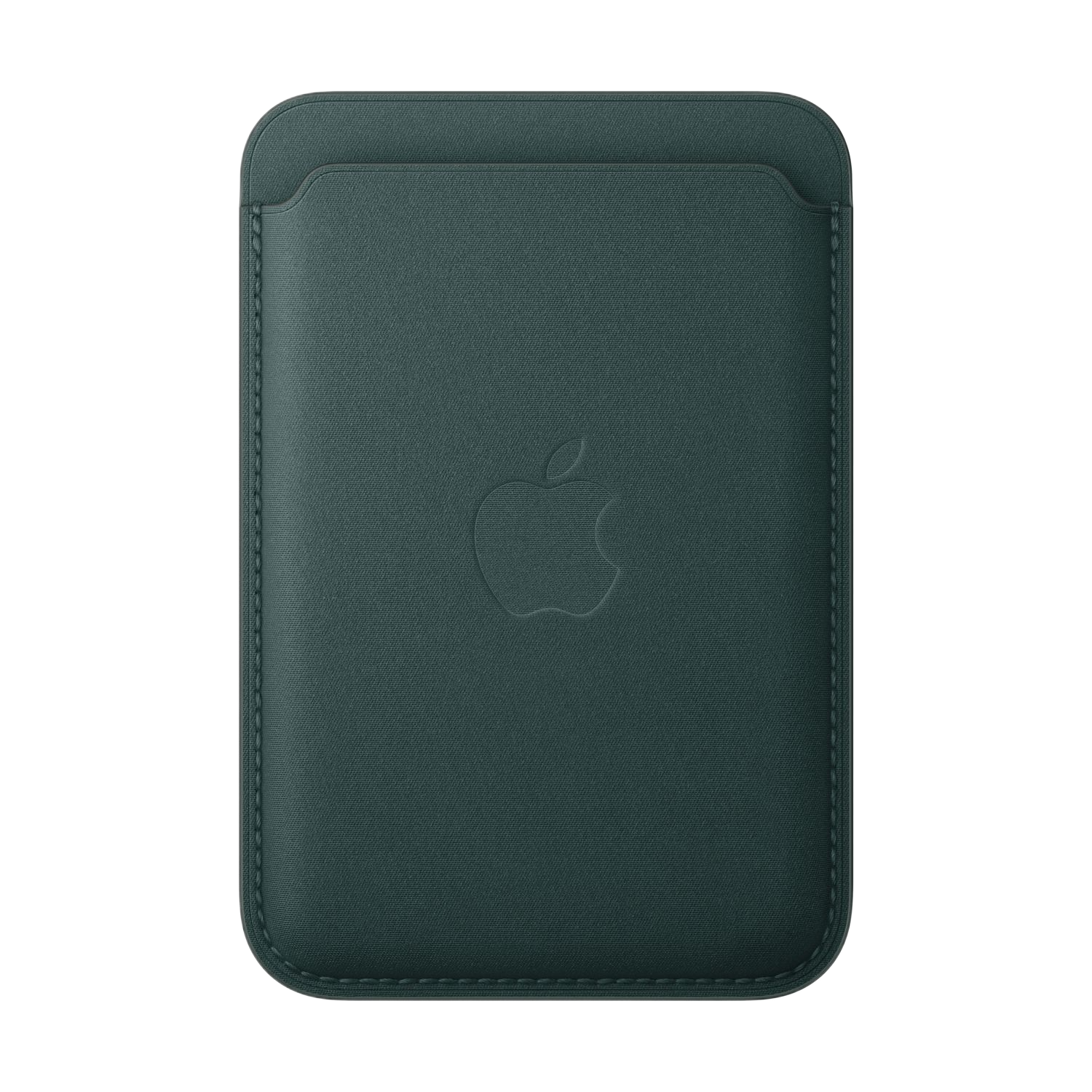 Portefeuille de téléphone en cuir vert foncé avec logo Apple et bords cousus.