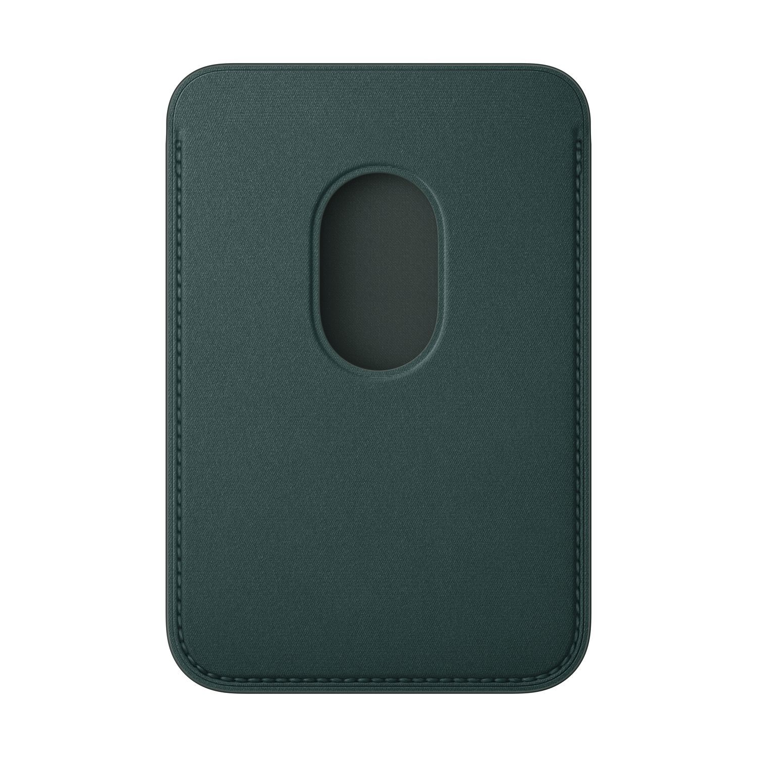 Coque de téléphone vert foncé avec une découpe pour l'appareil photo. Elle a un bord cousu et une surface lisse.