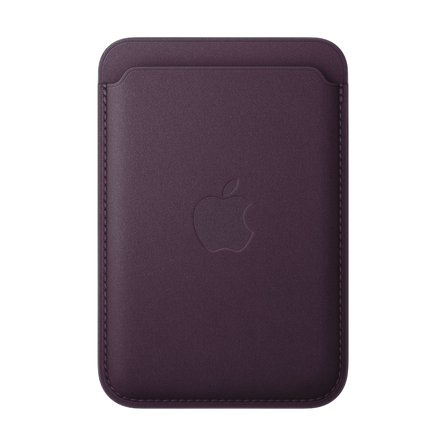 Portefeuille Apple MagSafe violet avec le logo Apple. Il a une texture de cuir lisse.