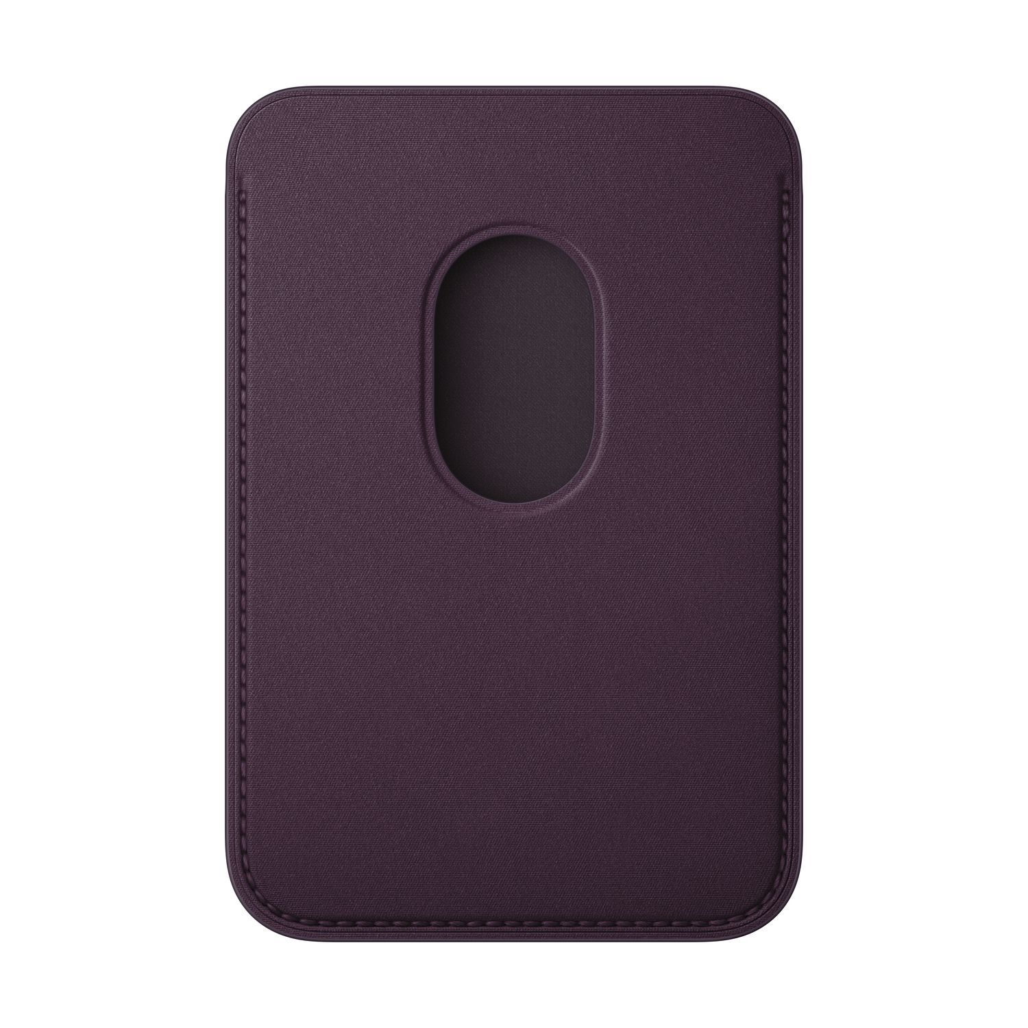 Un porte-cartes en cuir violet avec une ouverture ovale centrale et des bords cousus.
