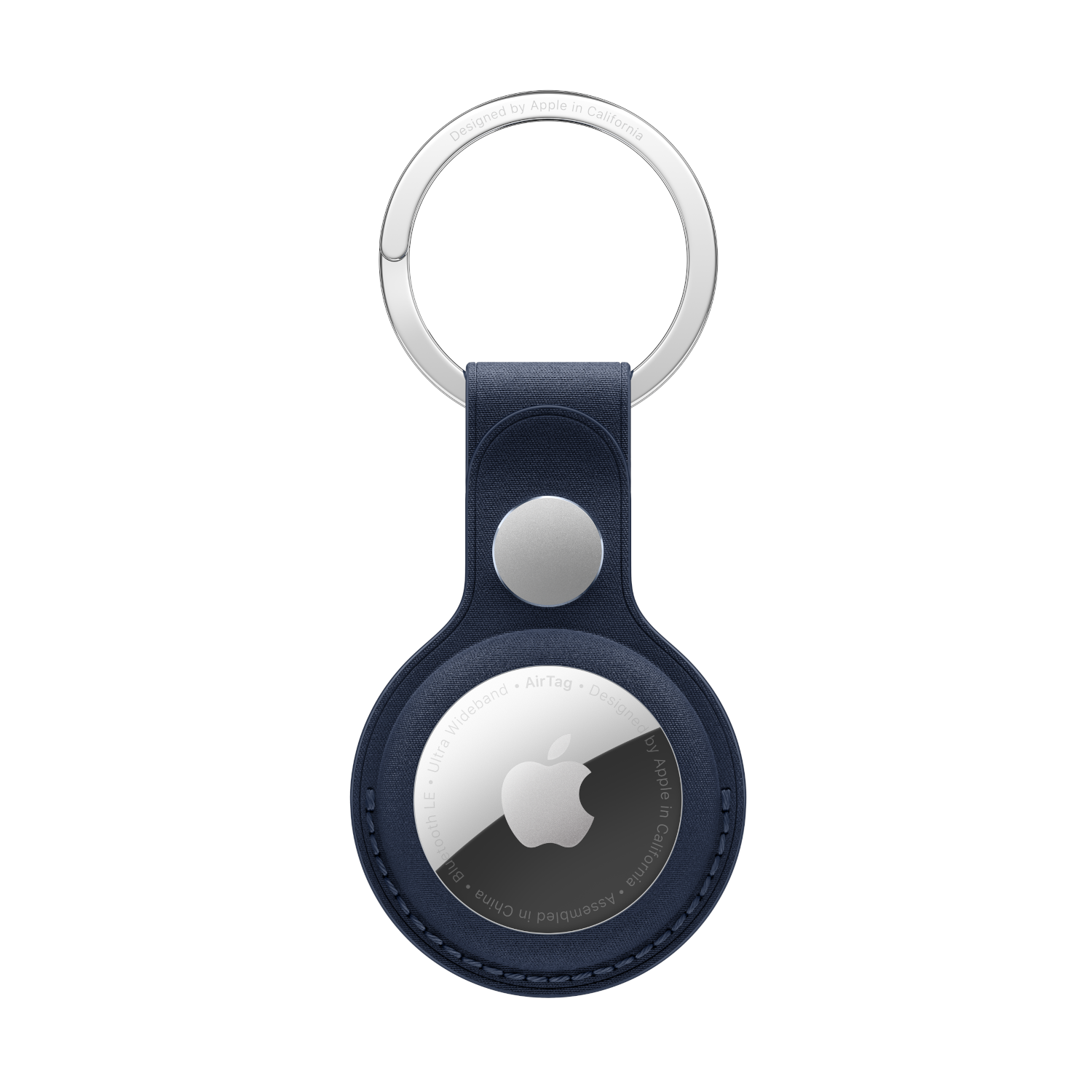 A blue AirTag with a silver keychain, a white background. It has the Apple logo.
