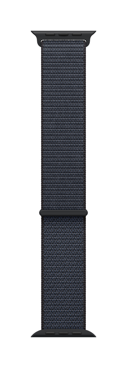 Een donkerblauwe Apple Watch-band met een geweven textuur. Op een zwarte achtergrond.