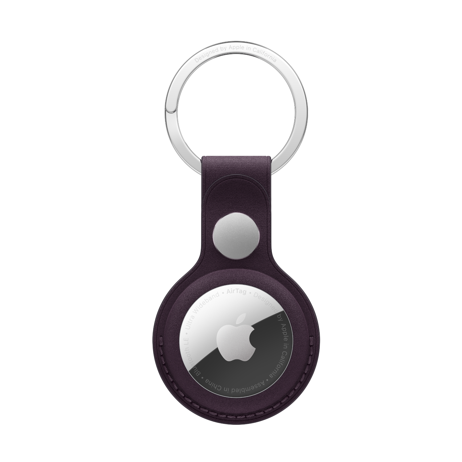 A purple Apple AirTag with a silver keyring attached.