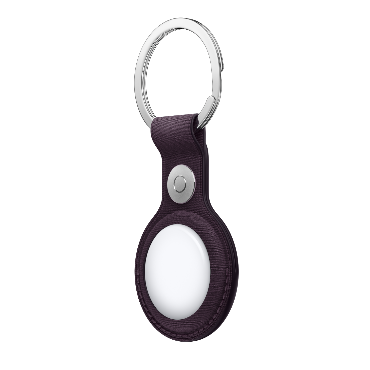 Een paarse AirTag met een zilveren sleutelhanger. Het is rond en heeft een witte kern.