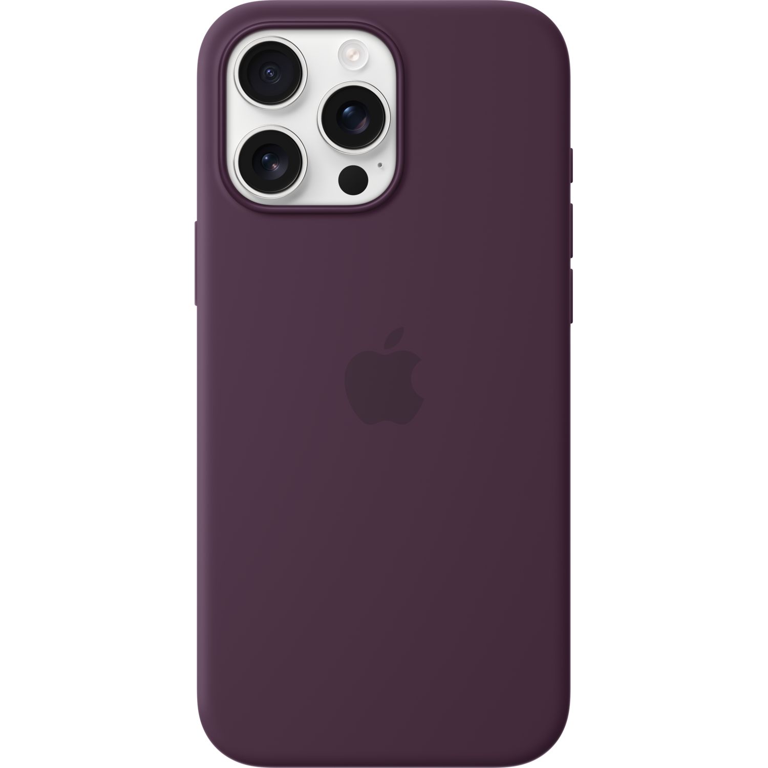 Coque d'iPhone violette avec configuration triple caméra et logo Apple sur fond noir.