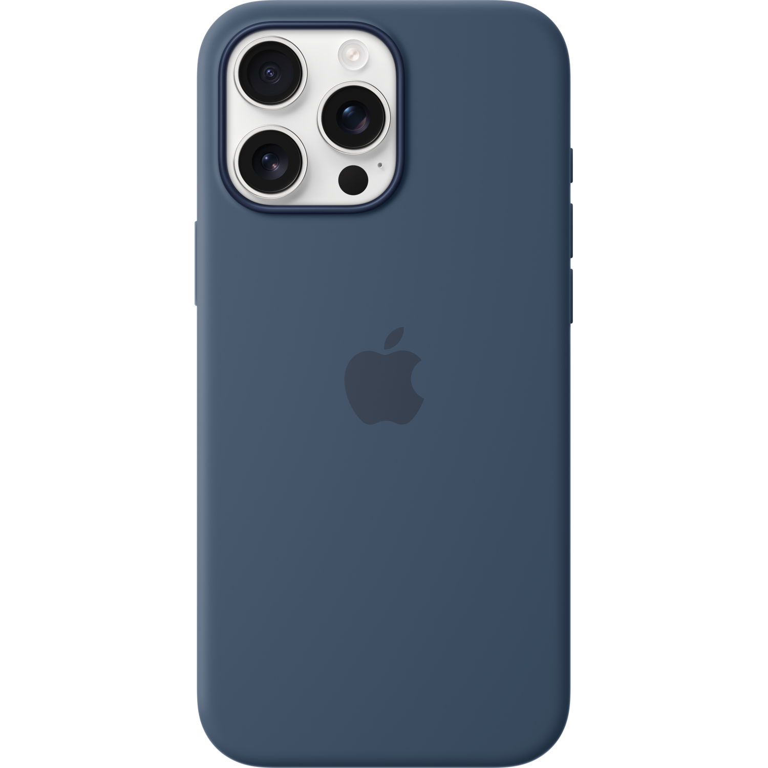 Coque iPhone bleue avec le logo Apple bleu foncé. Le fond est noir.