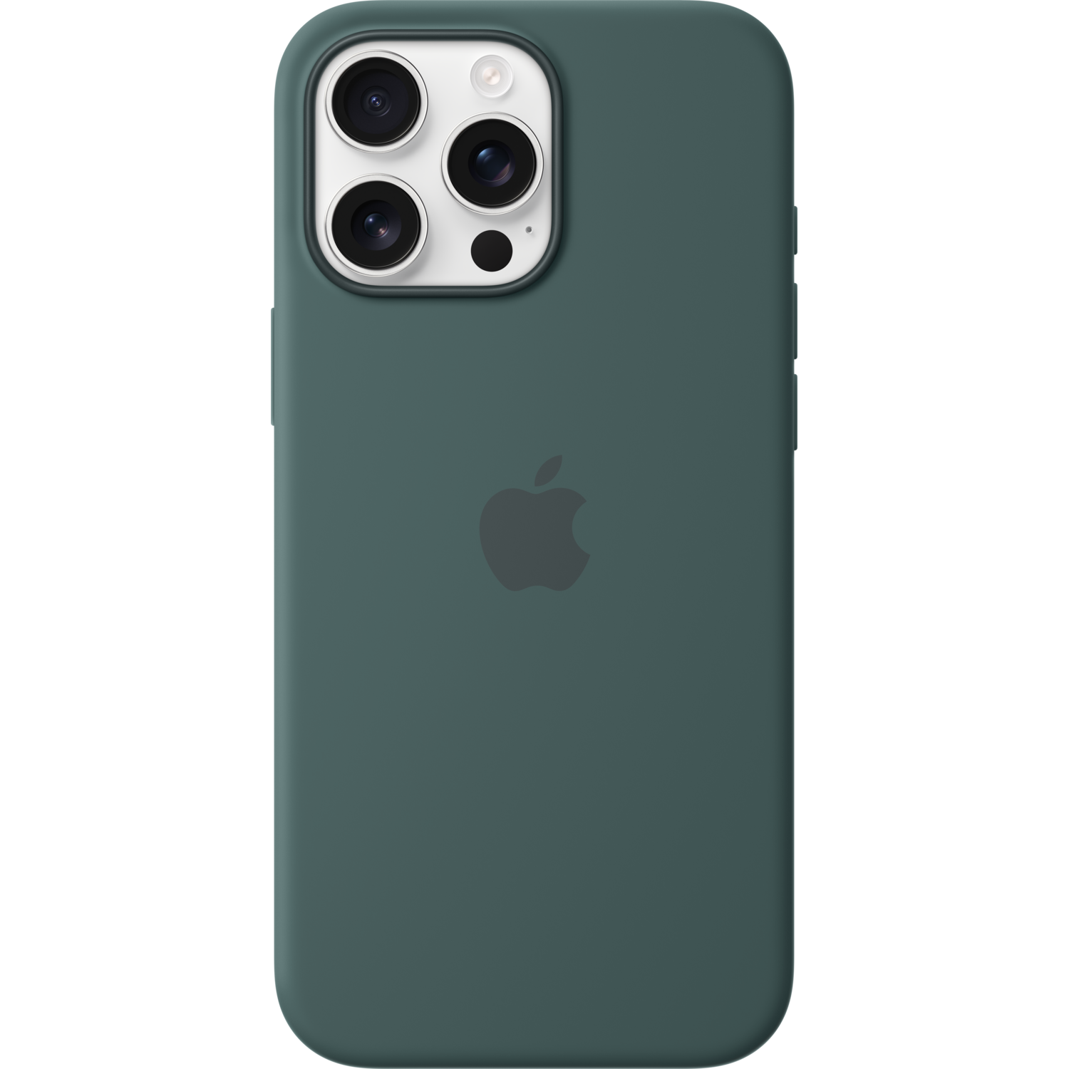 Dos d'une coque de téléphone vert foncé avec logo Apple et objectifs.