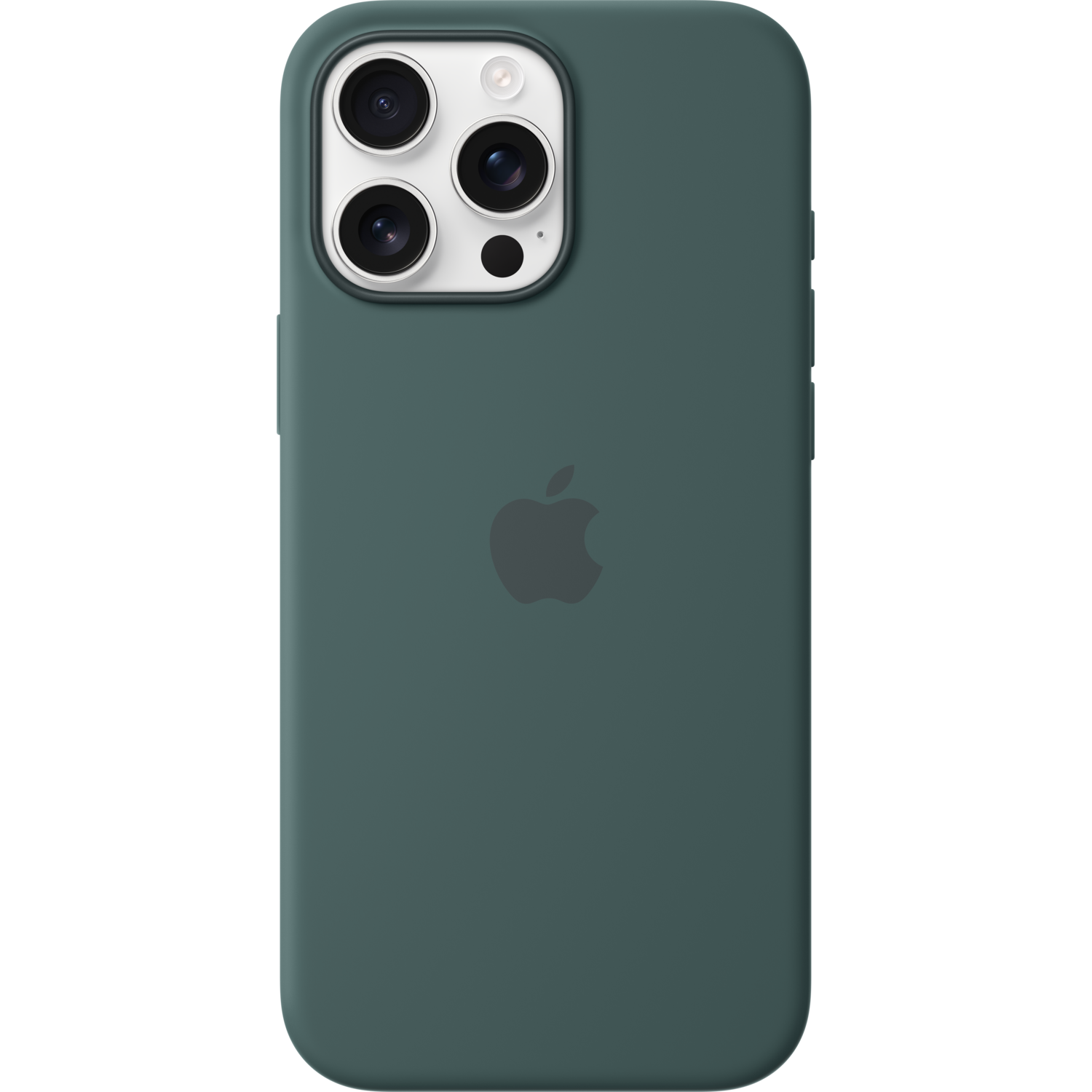 Groene telefoonhoes met een camerabult en Apple-logo. Achterkant.