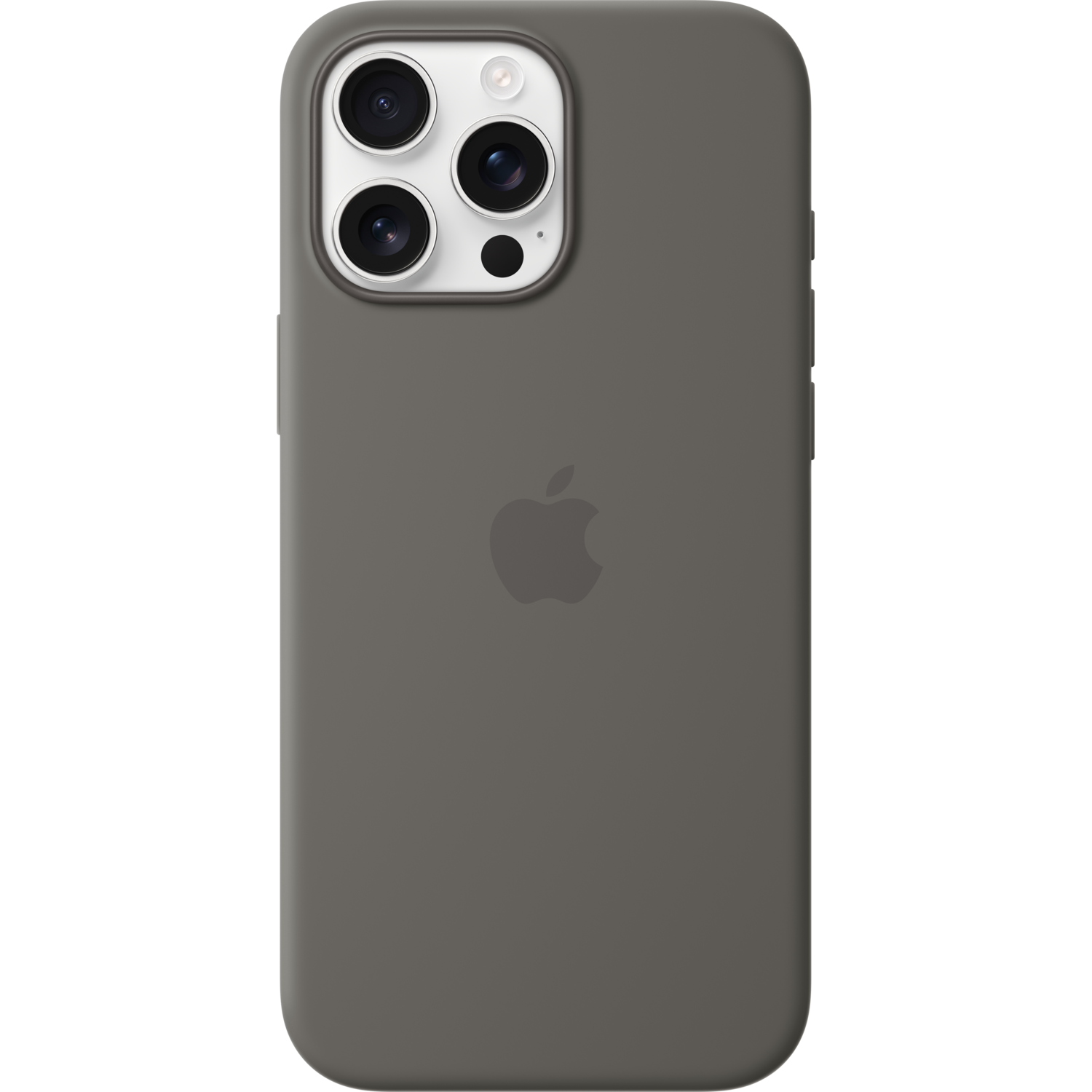 Grijze telefoonhoes met Apple-logo en cameramodule op zwarte achtergrond.