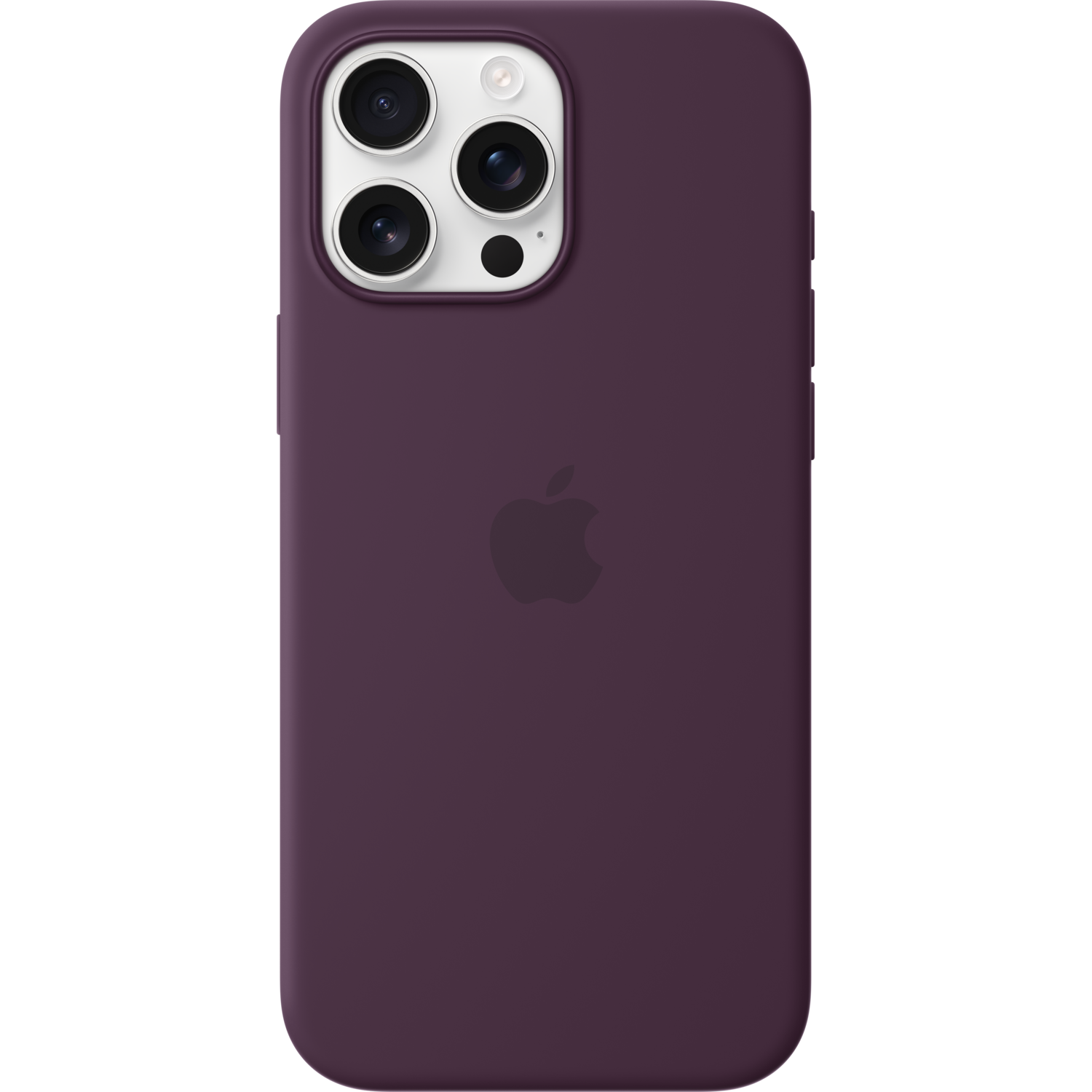 Paarse iPhone-hoes met camera-uitsparing en Apple-logo.