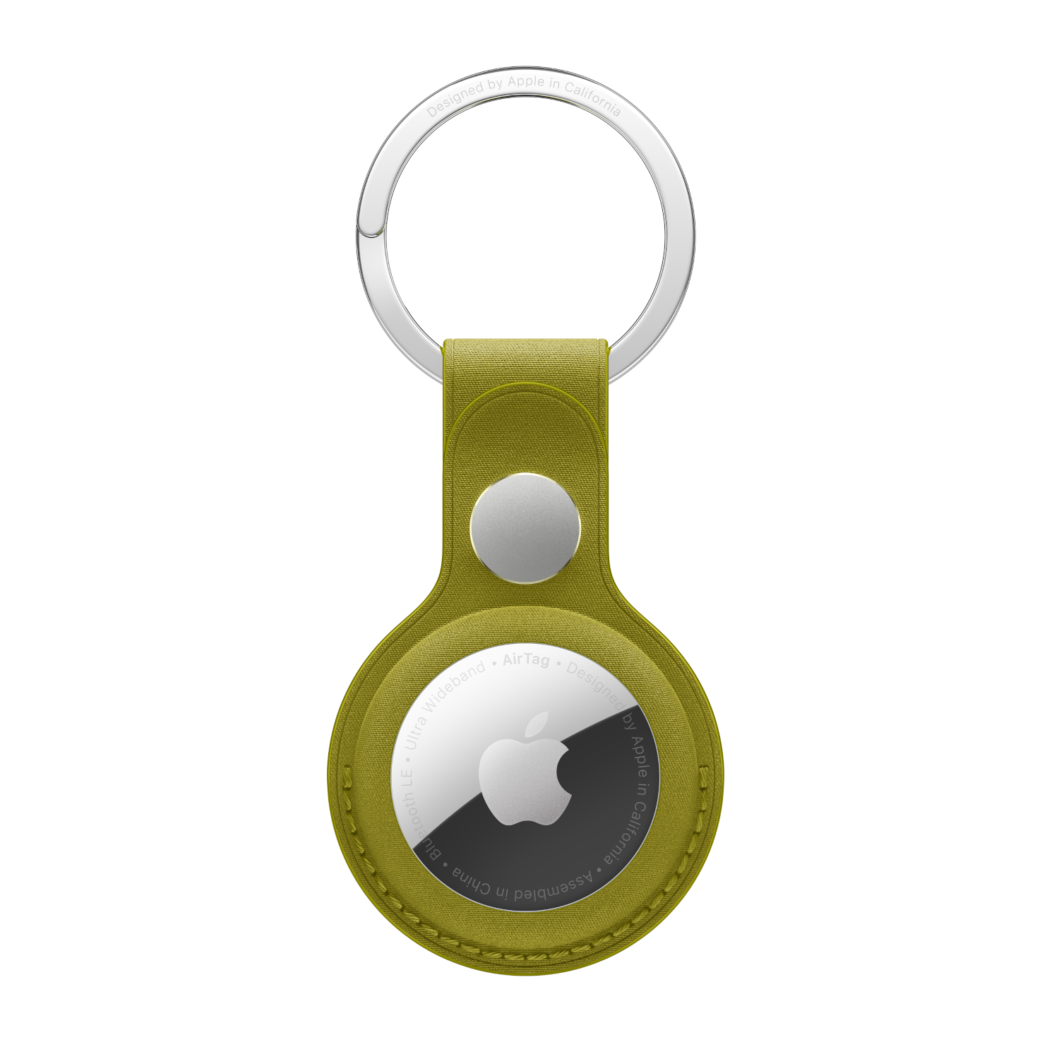 Apple AirTag on green holder with keyring.