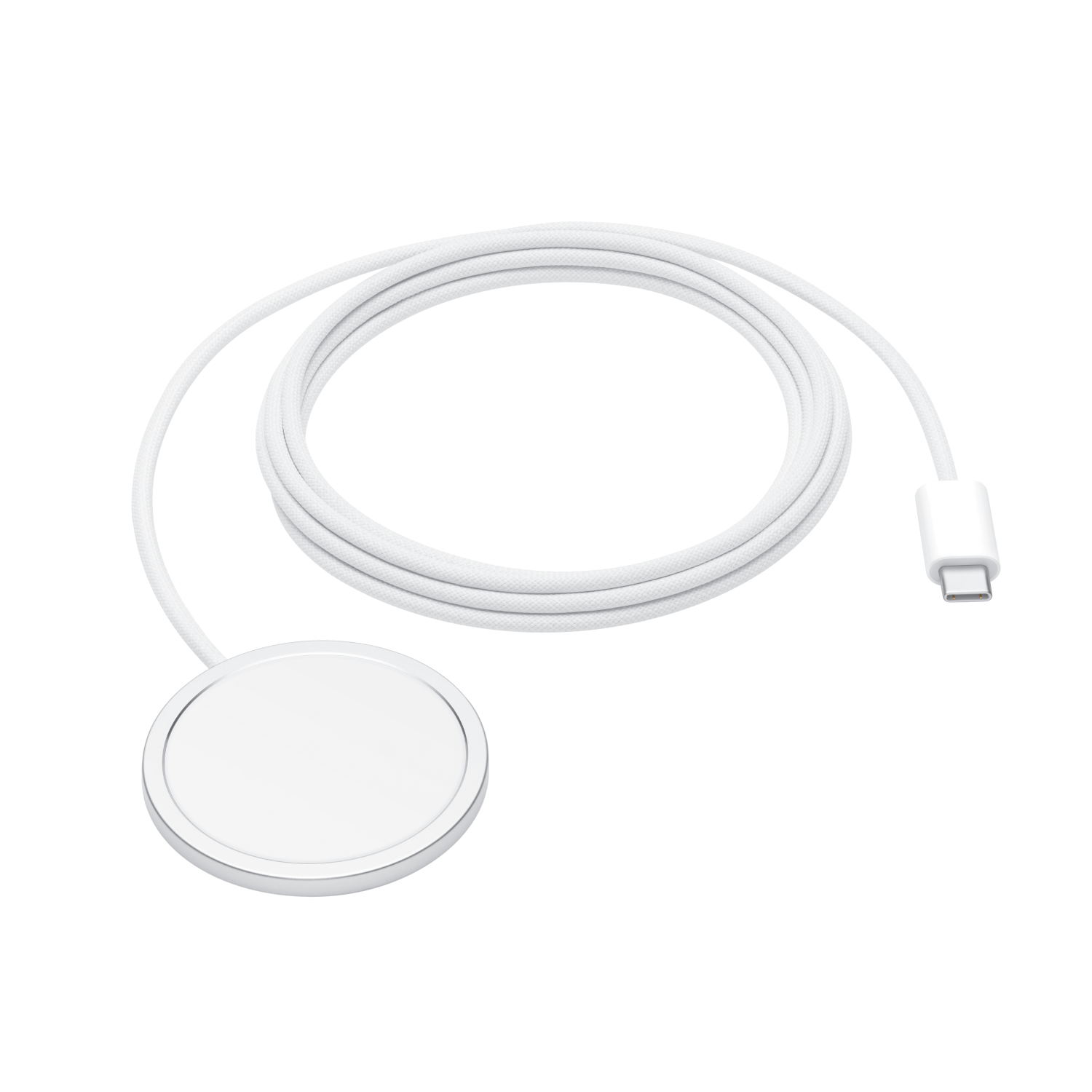 White MagSafe charger with a long white cable and a black connector.