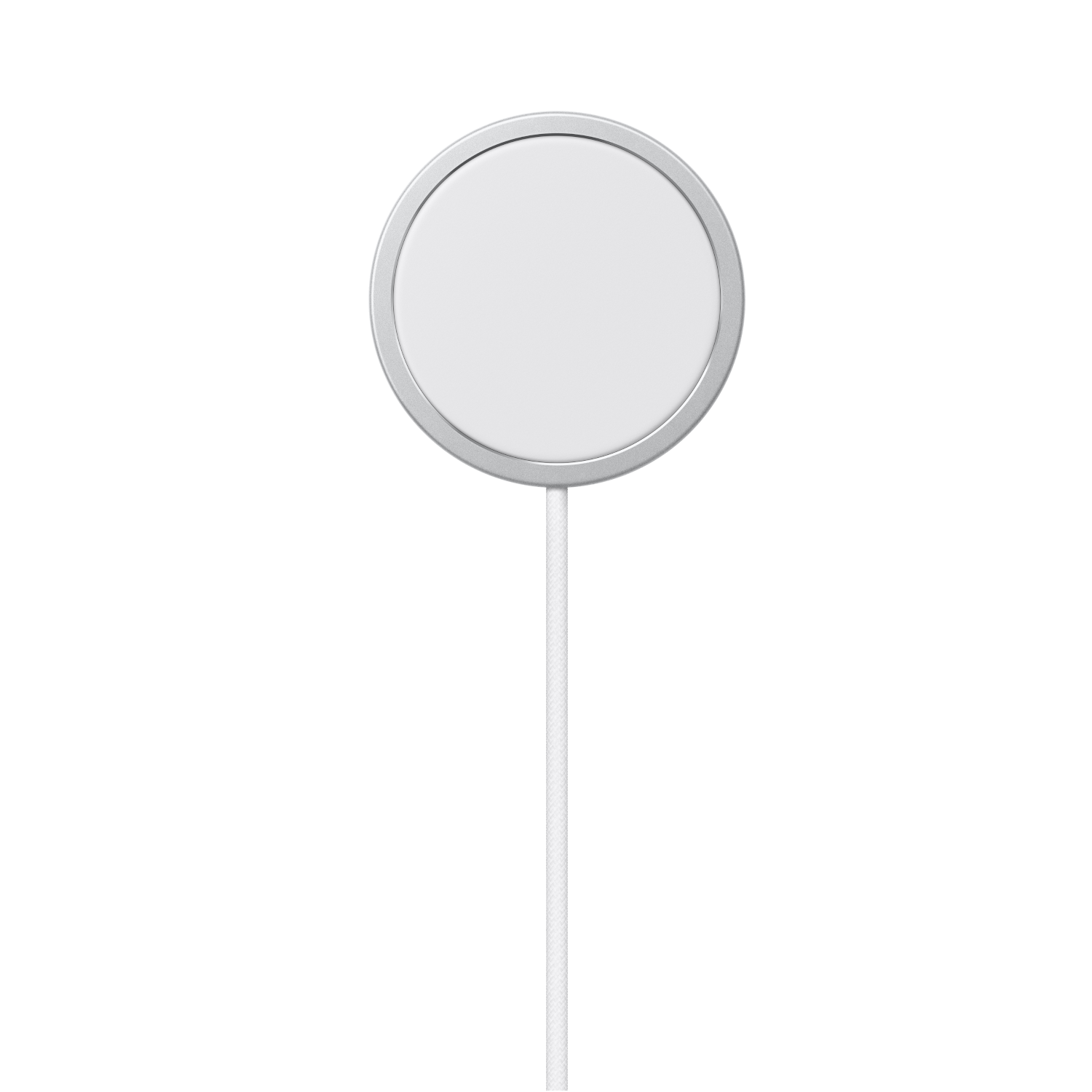 A white circular charging pad with a silver edge and a white stem. Black background.
