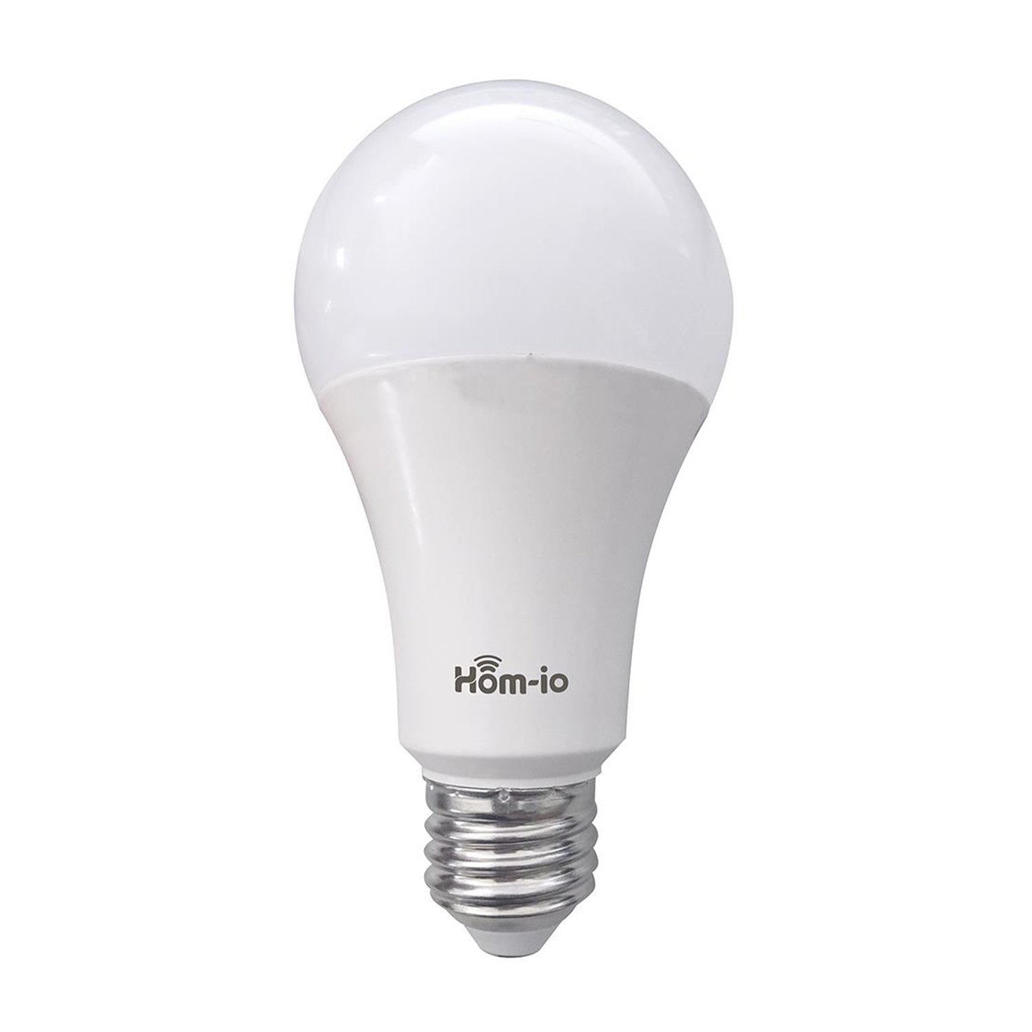 Lampadina bianca con logo Home-io, su sfondo bianco.
