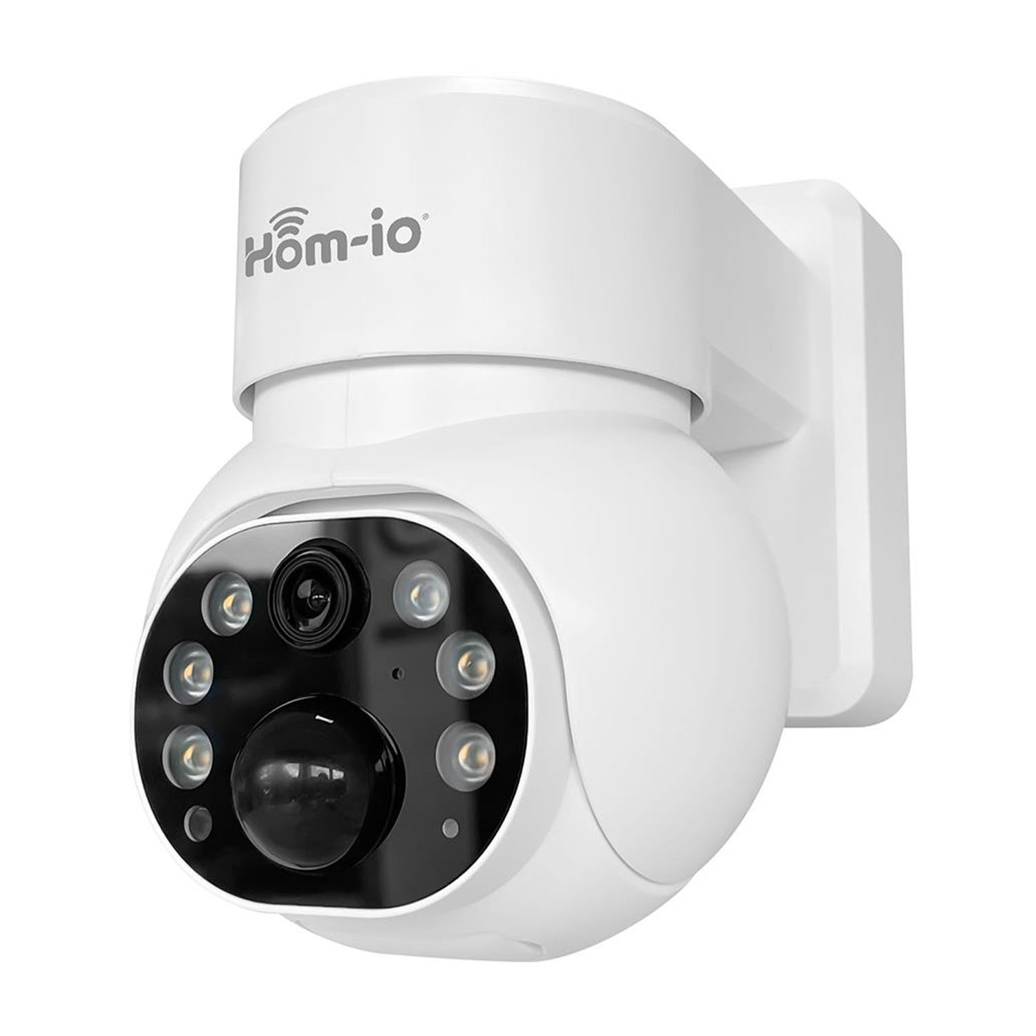 Una telecamera di sicurezza bianca con testa rotonda e il marchio sopra.