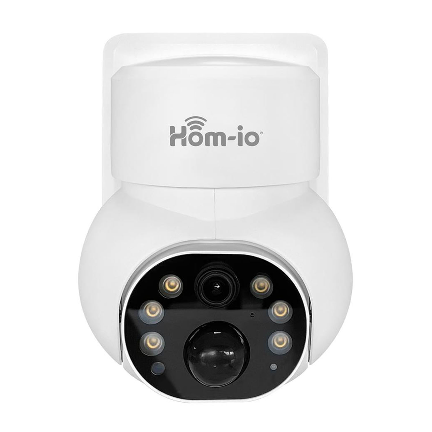 Telecamera di sicurezza bianca con il logo 'Hôm-io'.