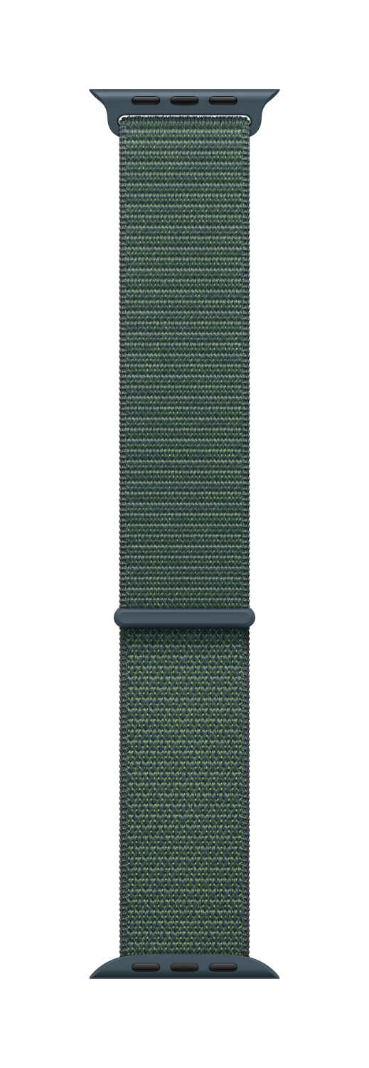 Groene horlogeband met een geweven textuur, donkergrijze connector.
