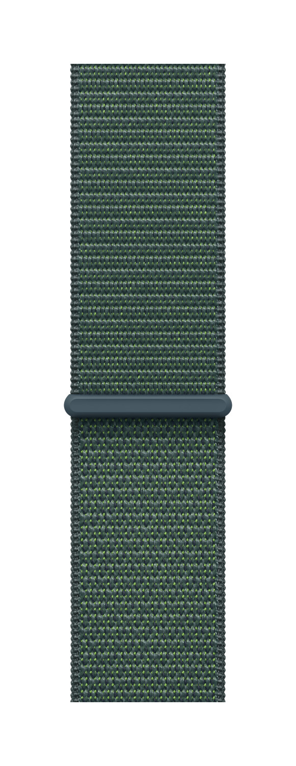 Close-up van een groene horlogeband met kleine gaatjes en een donkerblauwe band.