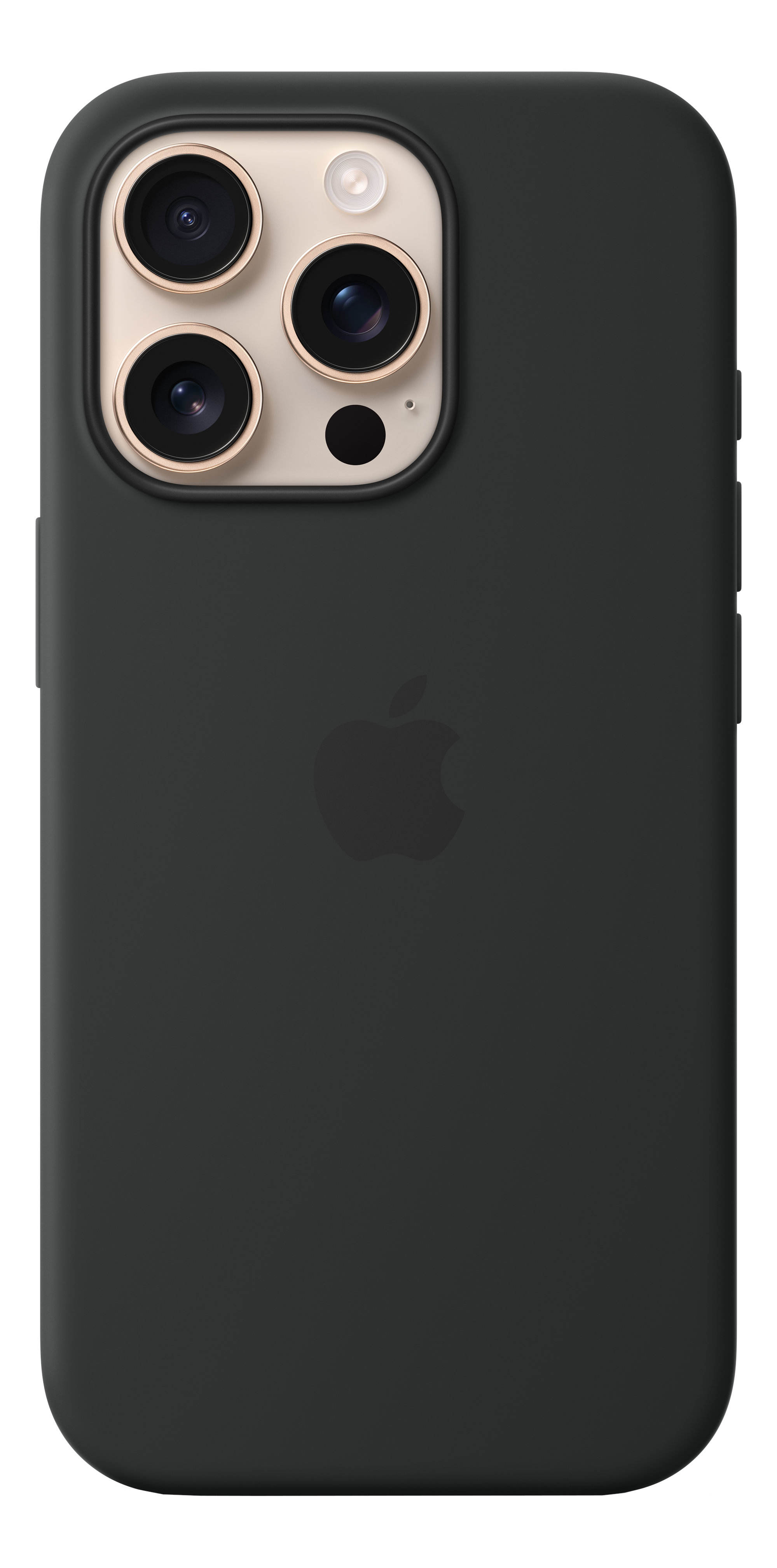 Coque iPhone noire avec trois lentilles d'appareil photo et logo Apple.