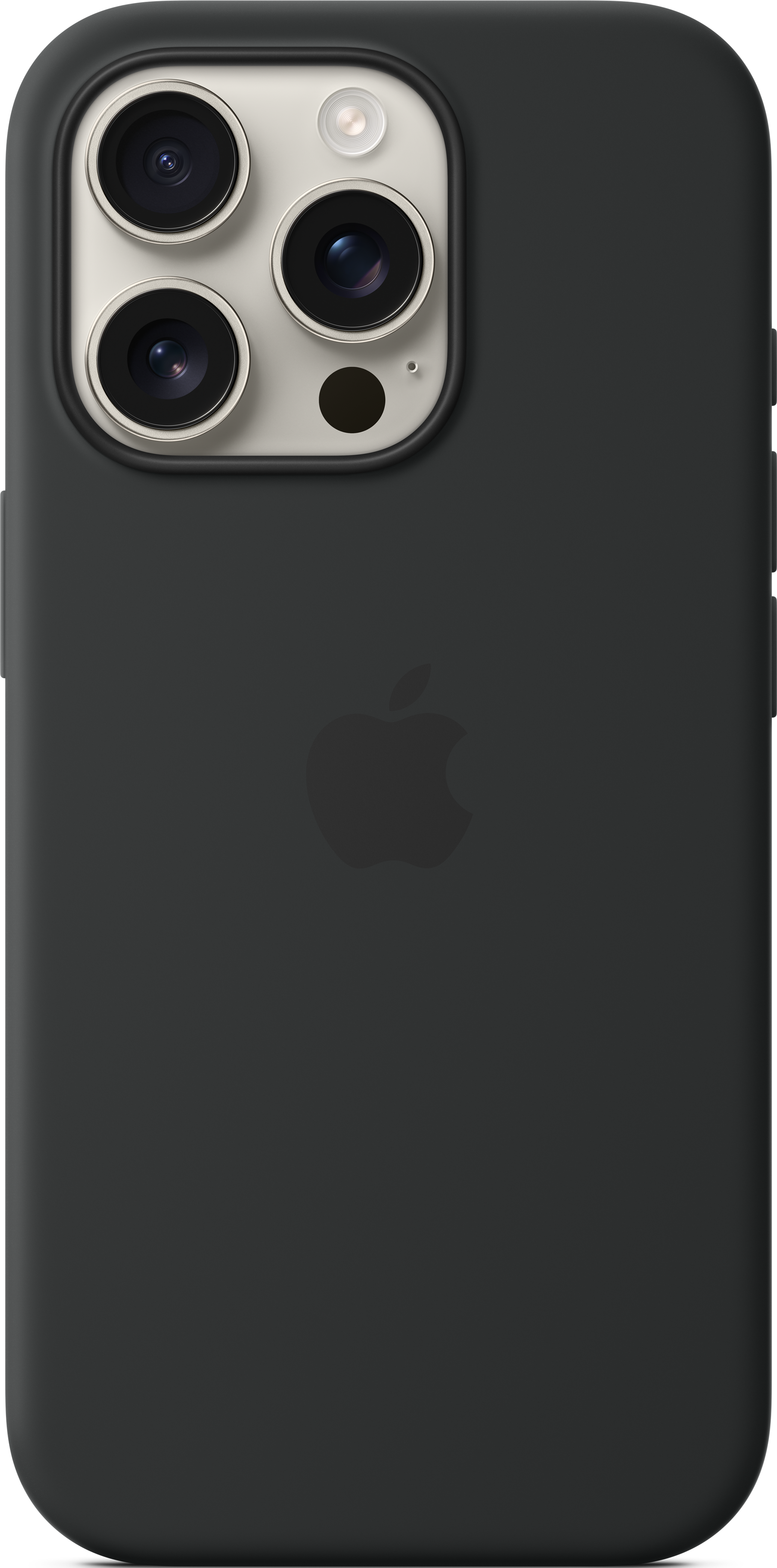 Un iPhone gris foncé avec le logo Apple au dos. Le téléphone est sur une surface noire.