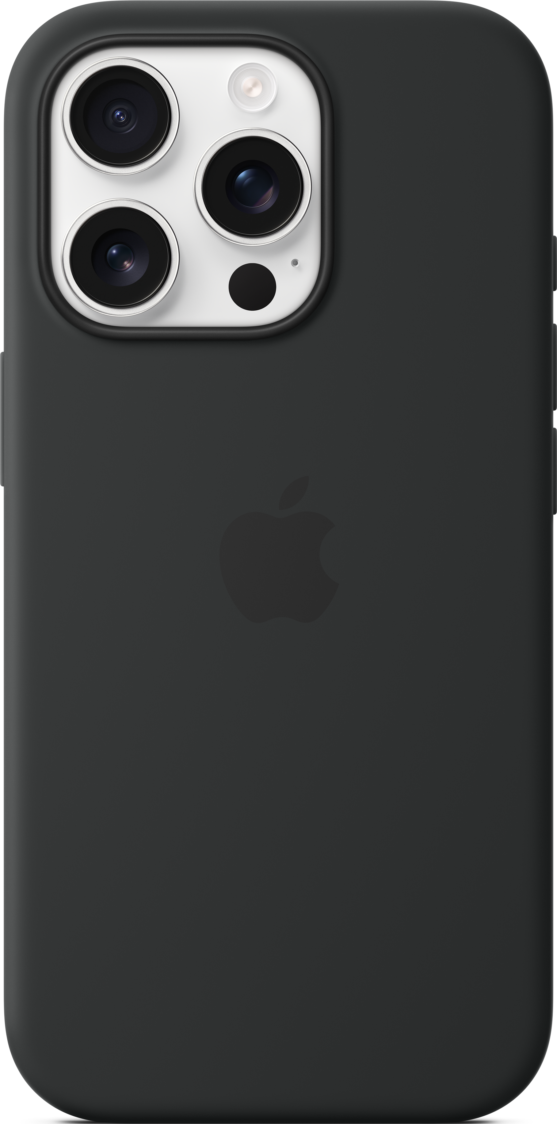 Coque iPhone noire avec logo Apple. La coque recouvre l'arrière et la caméra du téléphone.