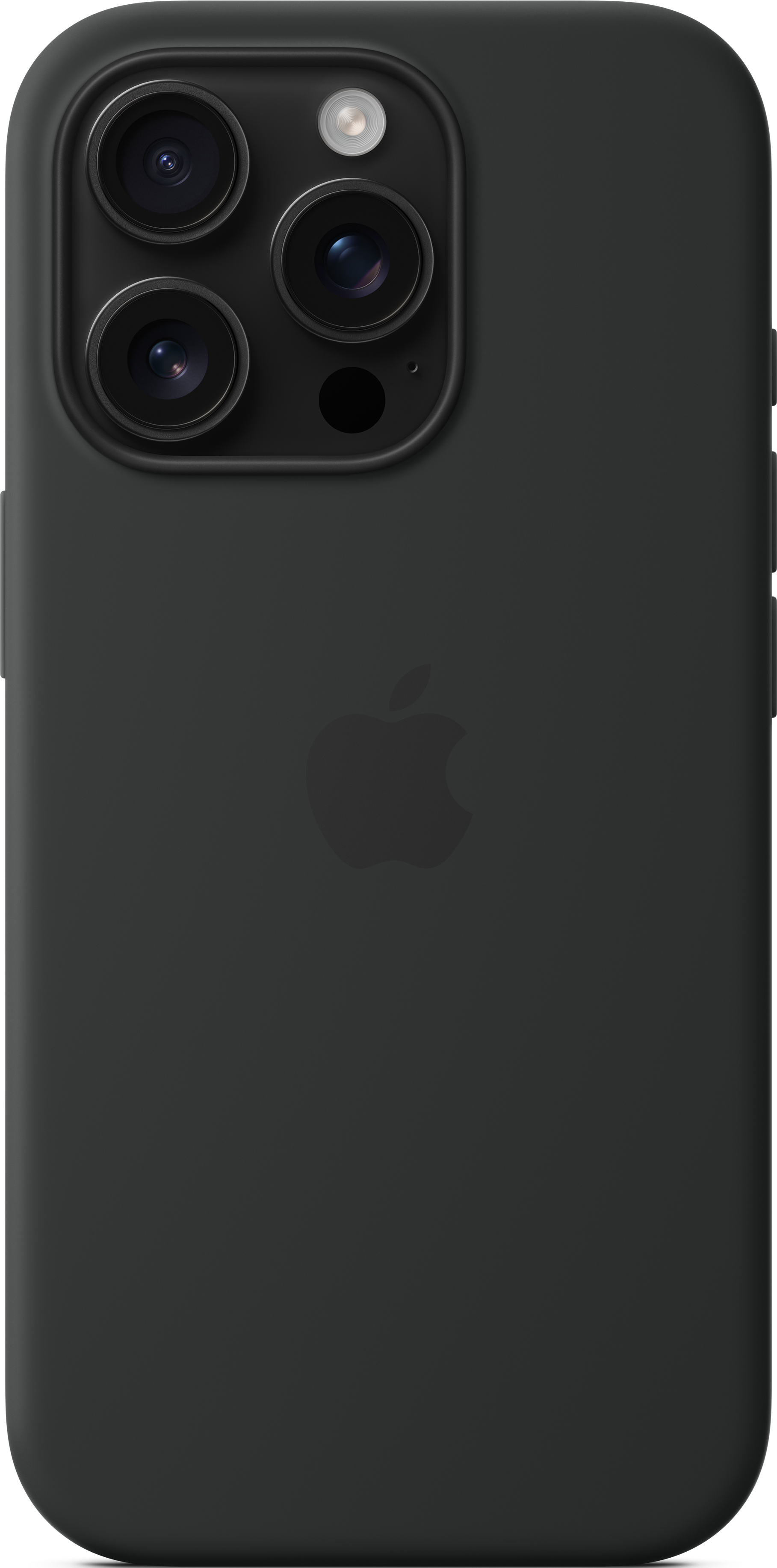 Dos d'un iPhone noir avec le logo Apple. Le module caméra a trois lentilles et un flash.