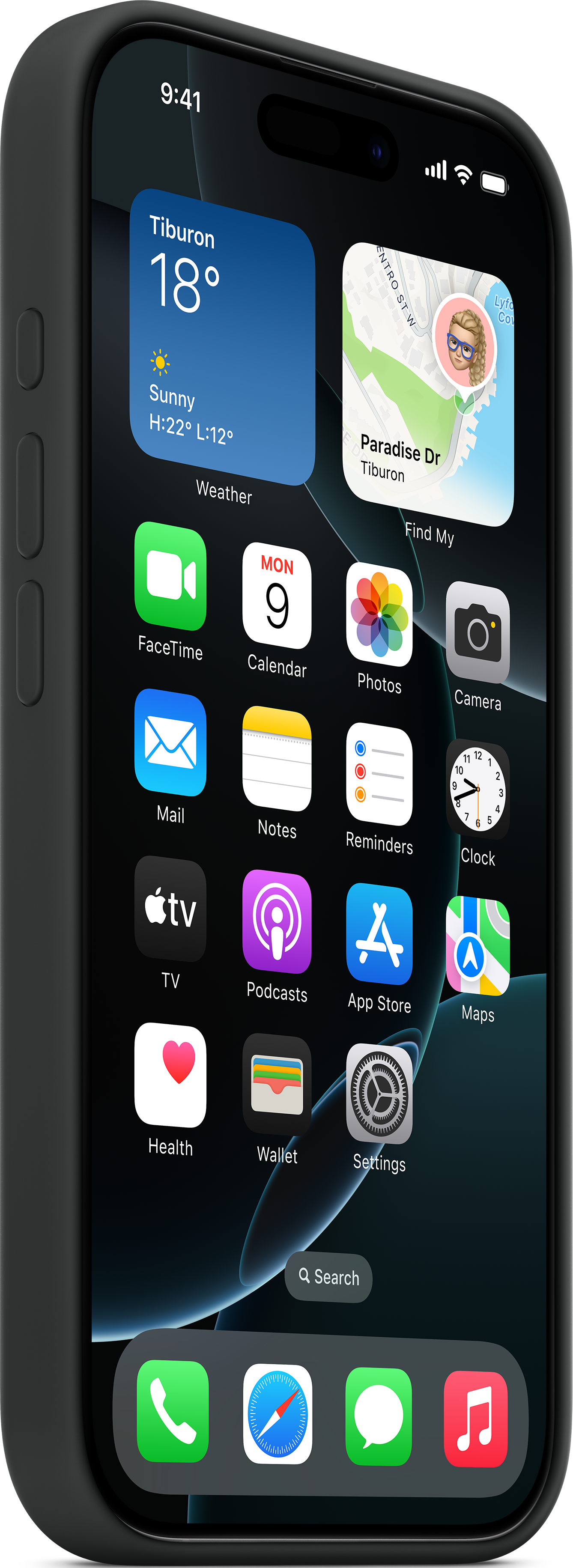 iPhone noir. L'écran affiche des icônes d'applications, la météo, le calendrier et une carte, avec un fond bleu.