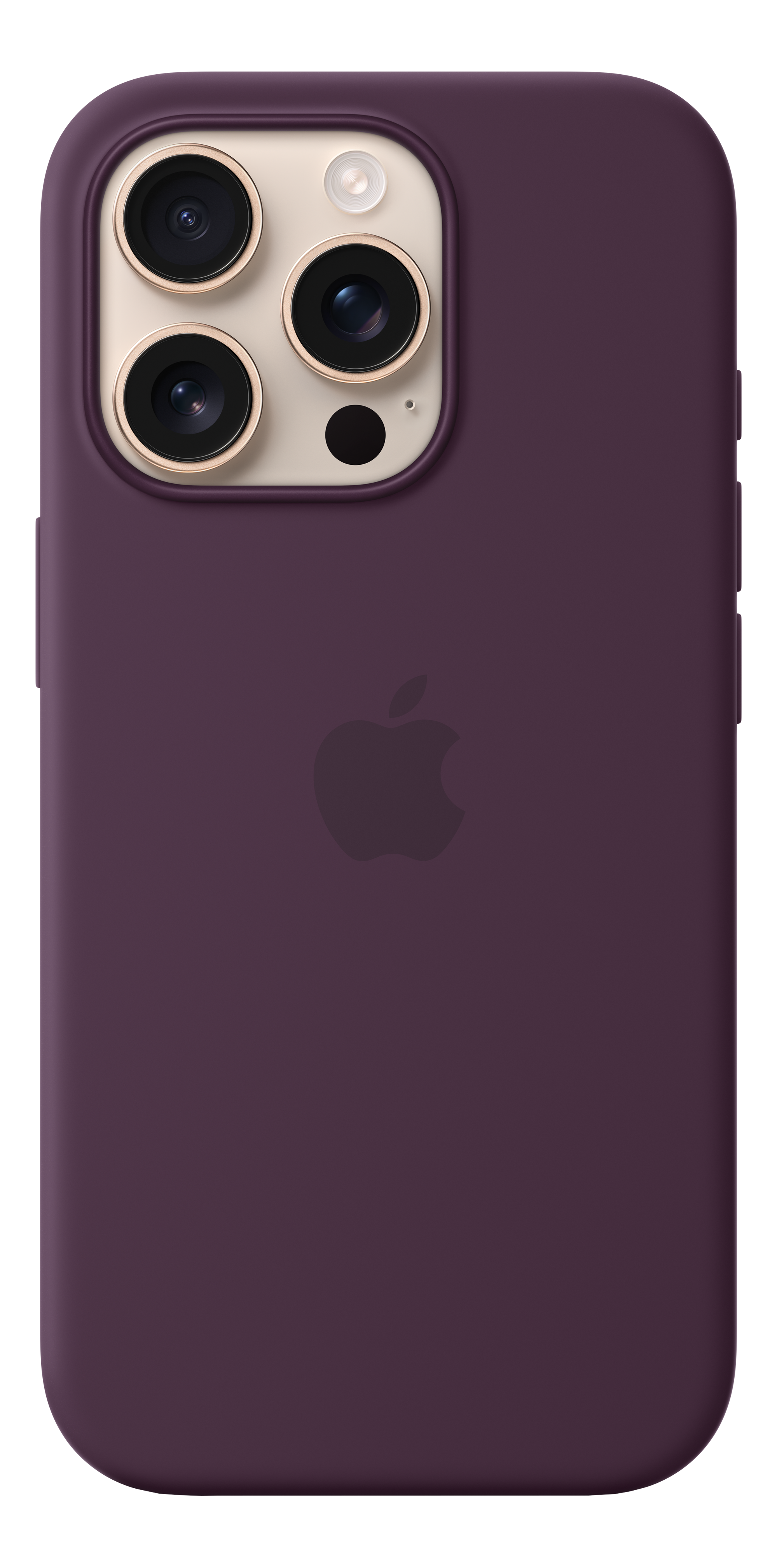 Une coque d'iPhone violette avec trois objectifs et le logo Apple.