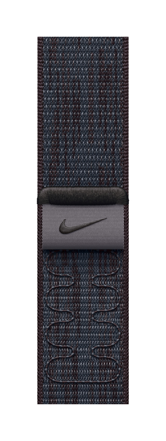Blauwe en donkergrijze Nike horlogeband met grijs Nike-logo.