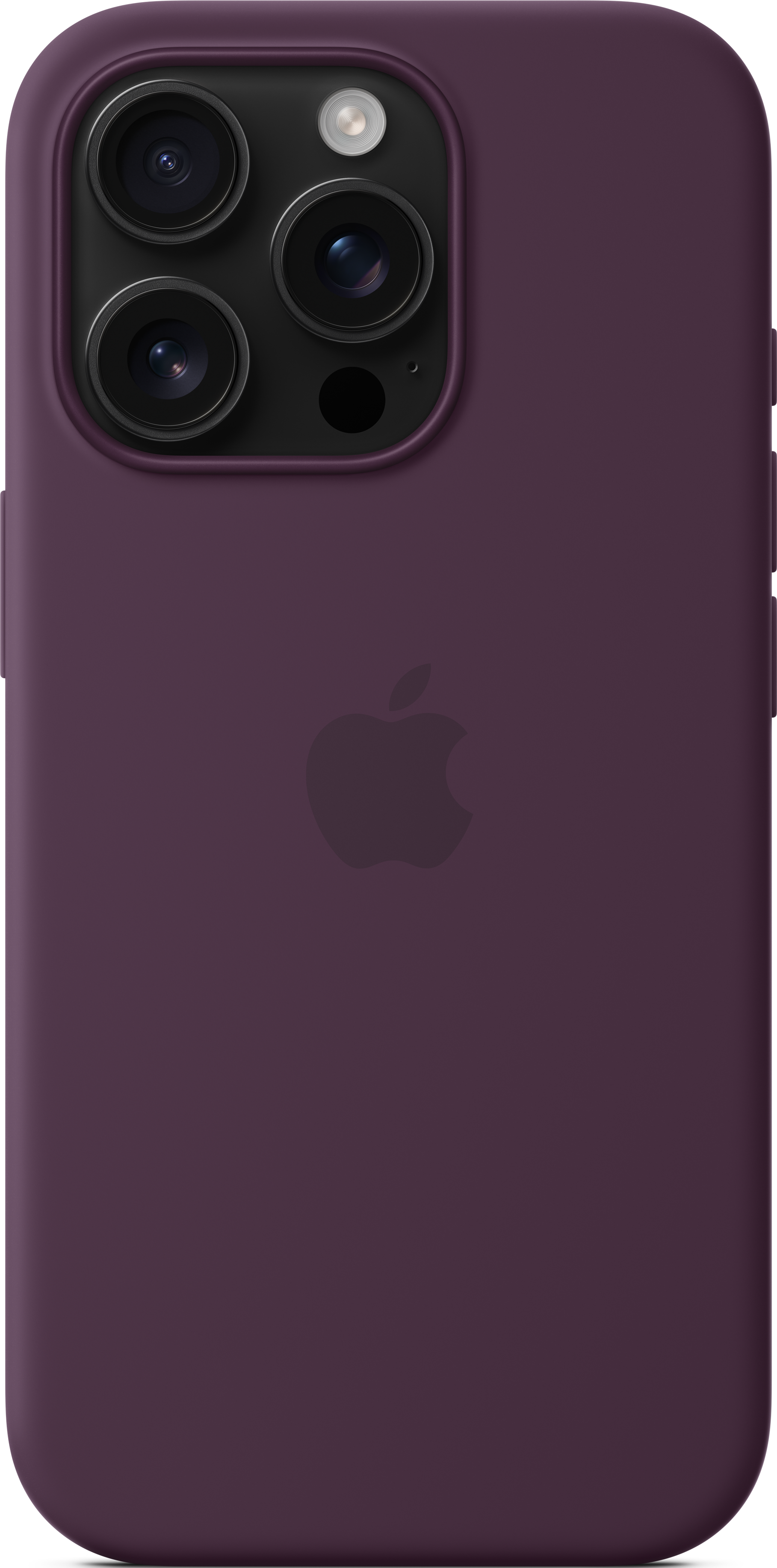 Une coque de téléphone violette sur fond blanc, avec le logo Apple visible.