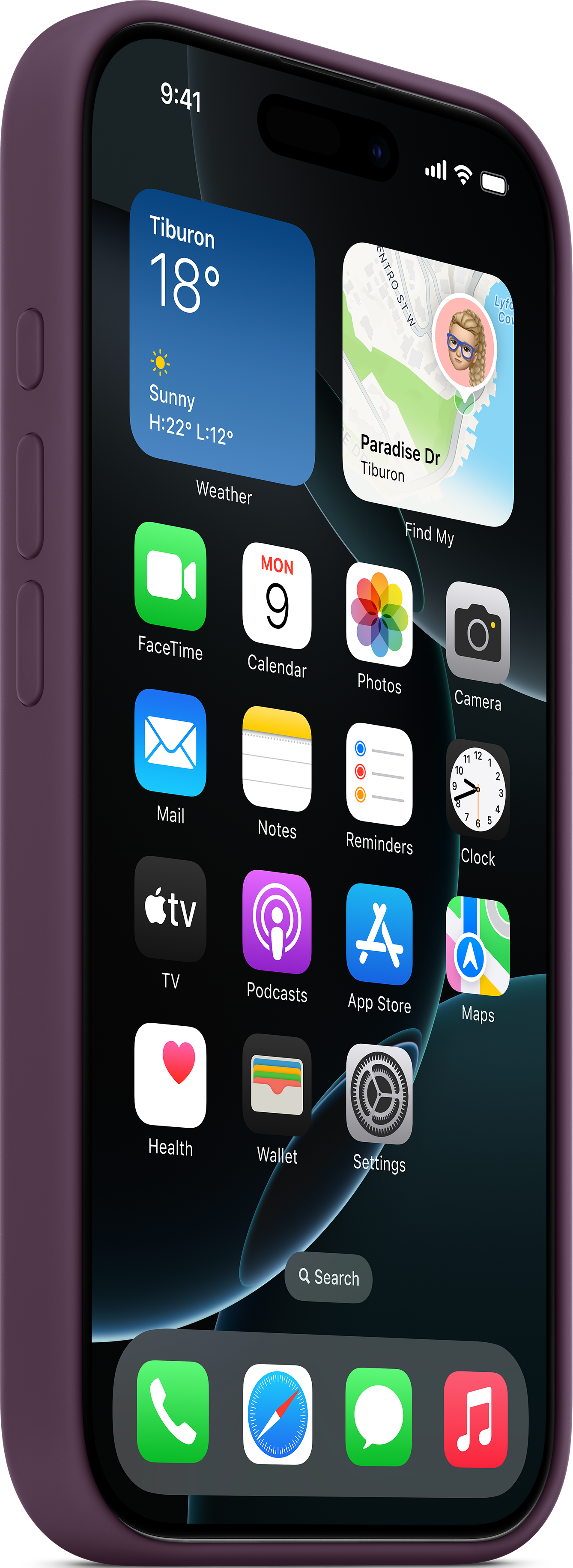 Téléphone violet avec un écran affichant des applications. Les applications incluent météo, calendrier et appareil photo.