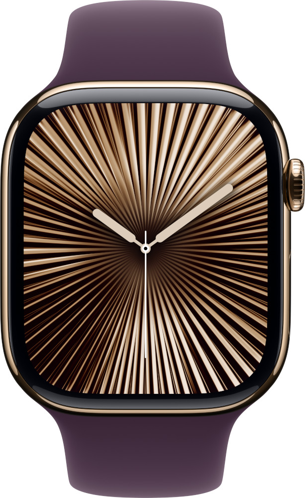Apple Watch with a gold case and a dark purple band, showing radial time display.