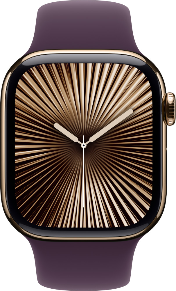 Smartwatch with a gold case and purple band, displaying a radial design on the screen.