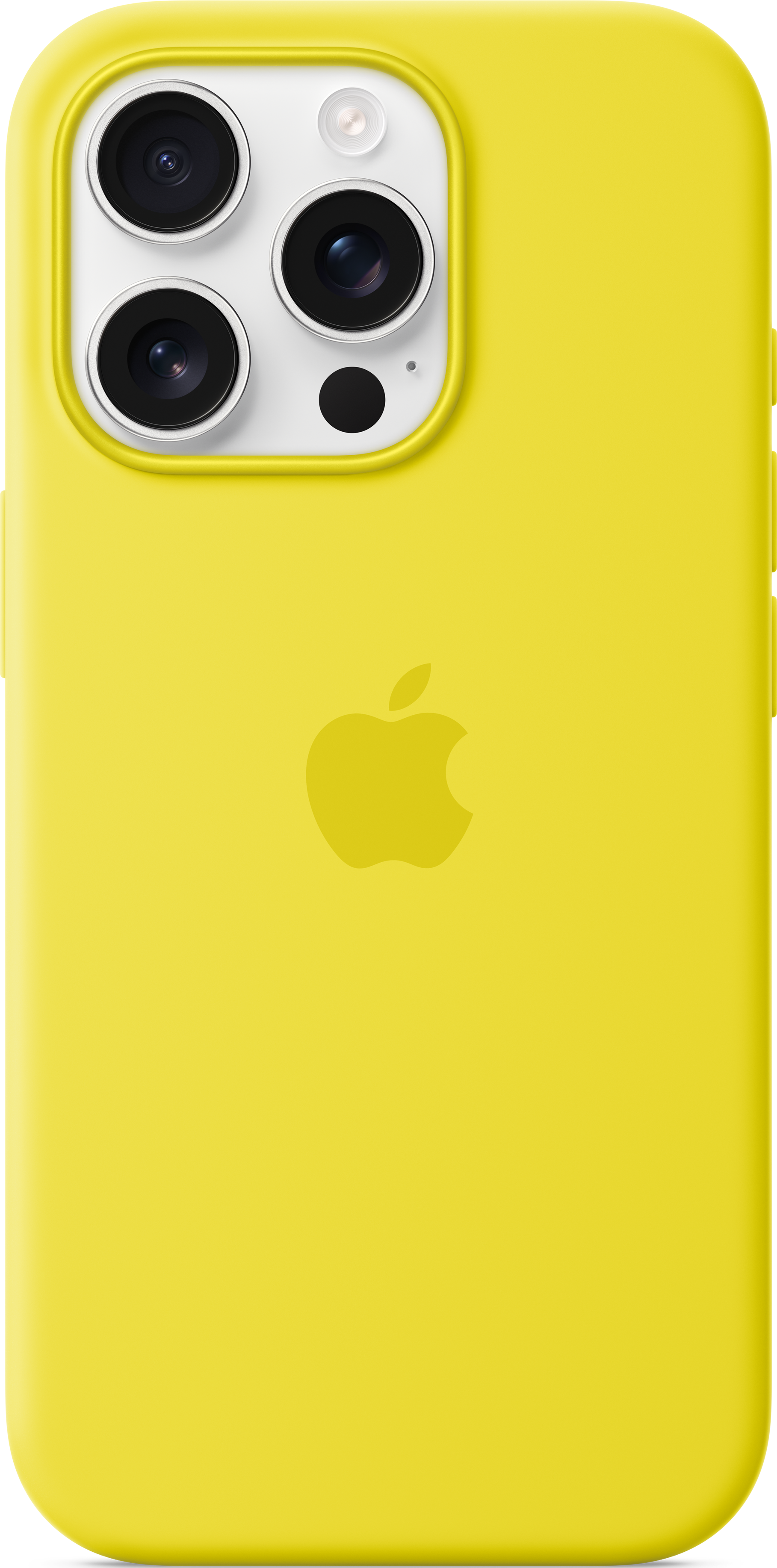 Gelbe Telefonrückseite mit Kameras und Logo. Das Telefon hat drei Kameras und ein gelbes Gehäuse.