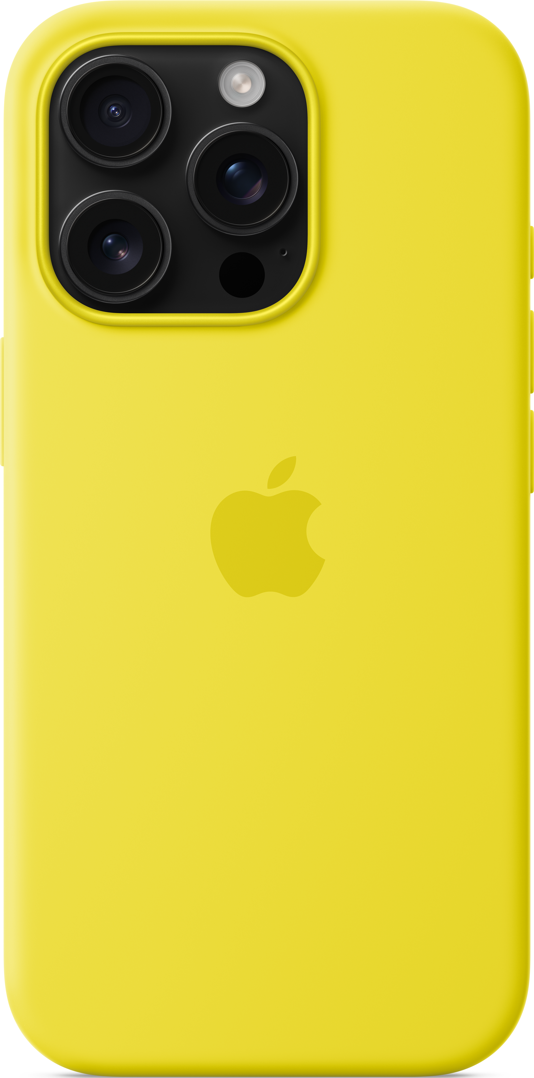 Gelbes Telefon mit schwarzem Kameramodul und Apple-Logo, isoliert auf Weiß.