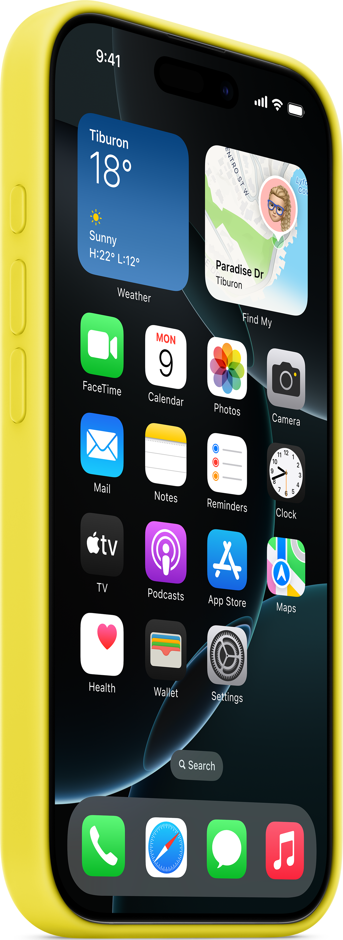 Gelbes iPhone 14 Pro mit gelbem Gehäuse. Anzeige zeigt Wetter, Apps und Symbole.