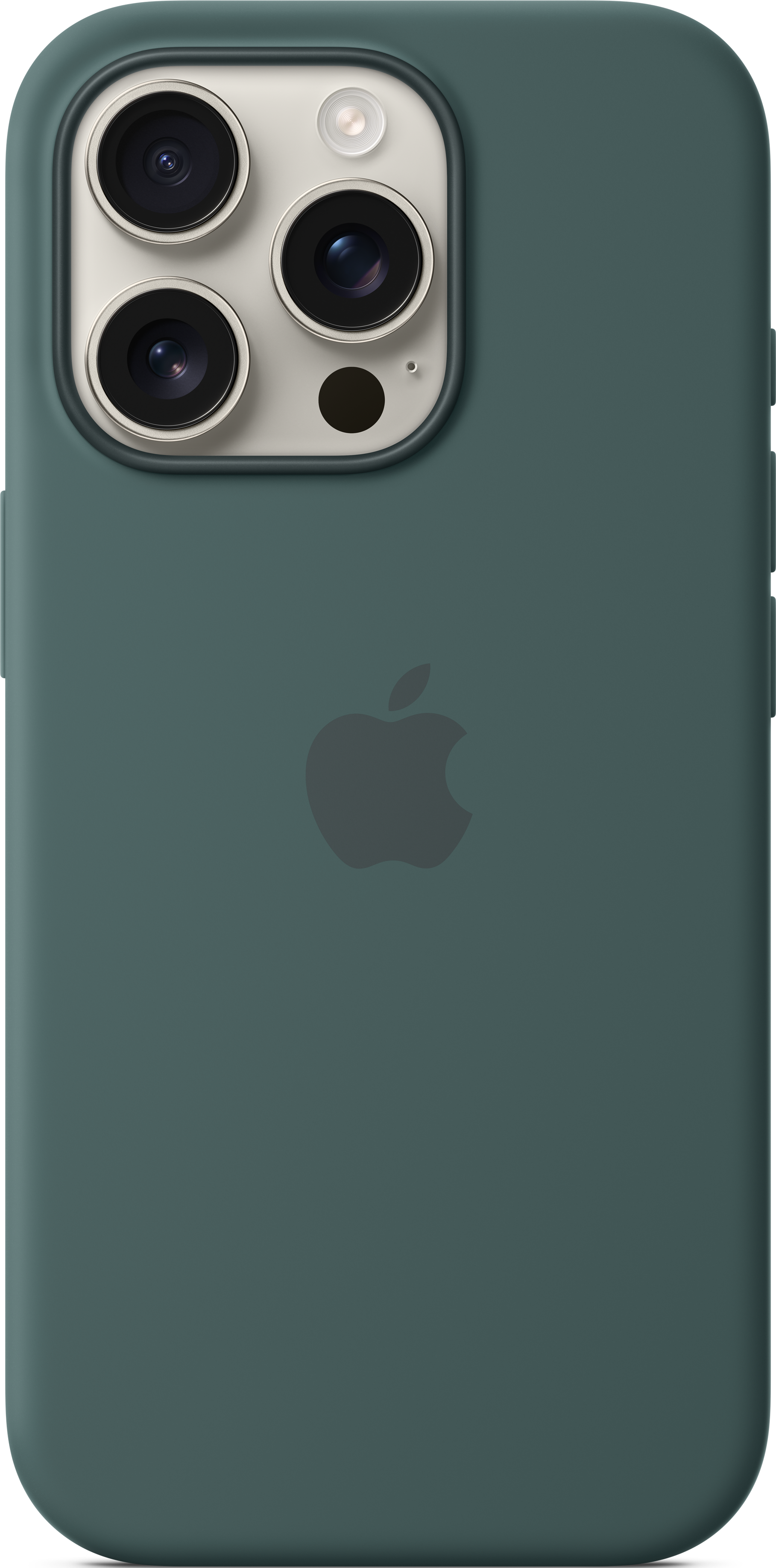 Coque d'iPhone verte, avec le logo Apple et trois lentilles de caméra.