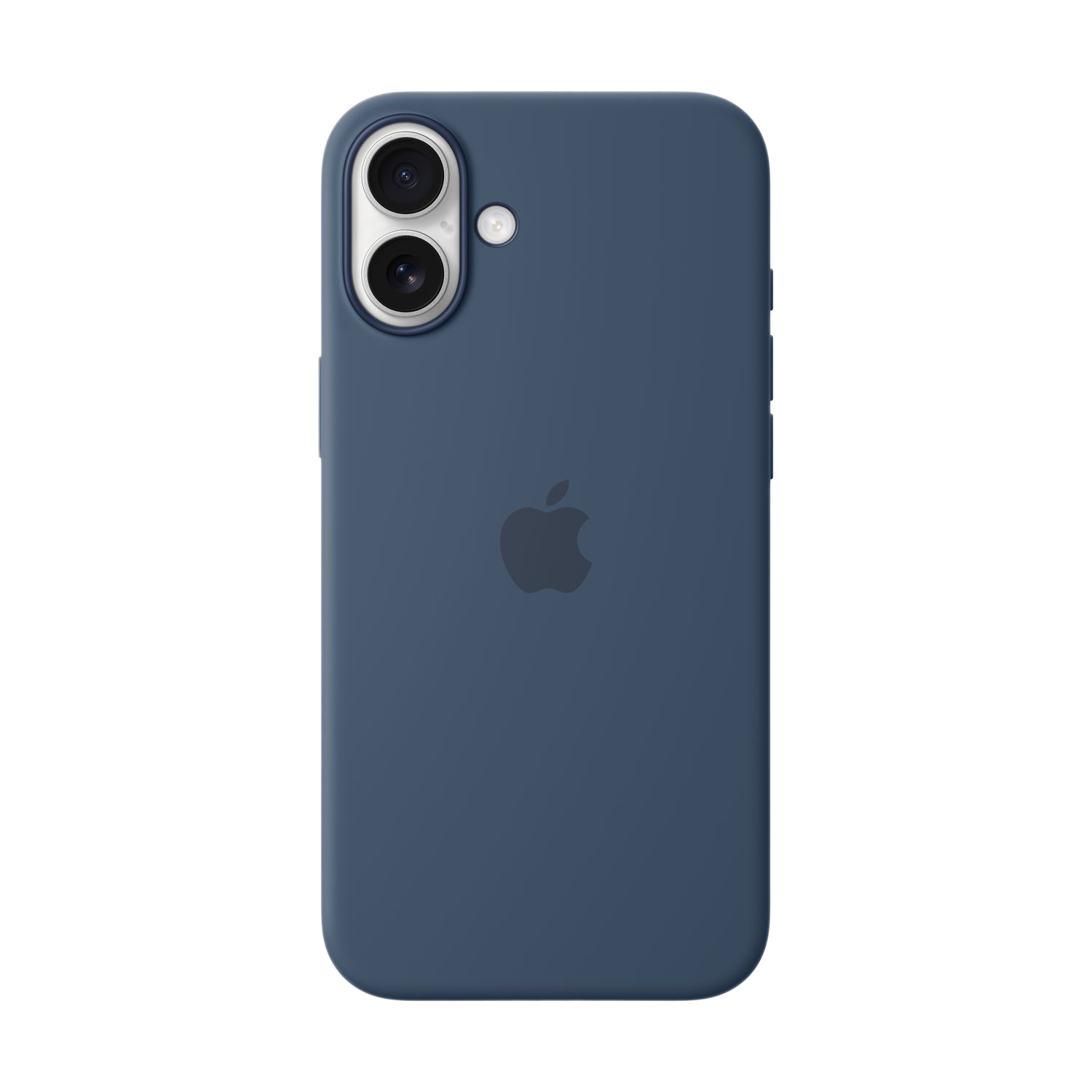Blauwe telefoonhoes met camerabult en Apple-logo. Achteraanzicht.