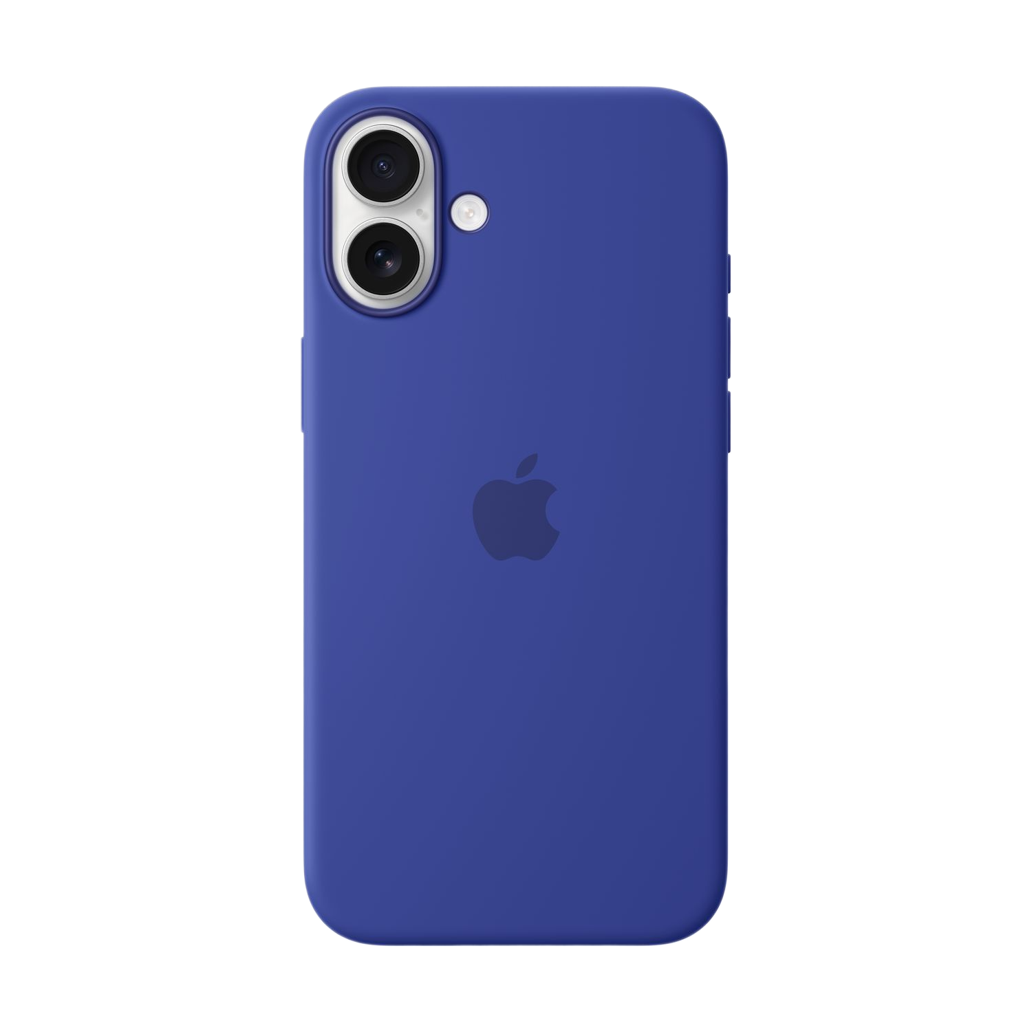 Blauwe iPhone-hoes met Apple-logo. Dubbele camera aan de achterkant. Zwarte achtergrond.
