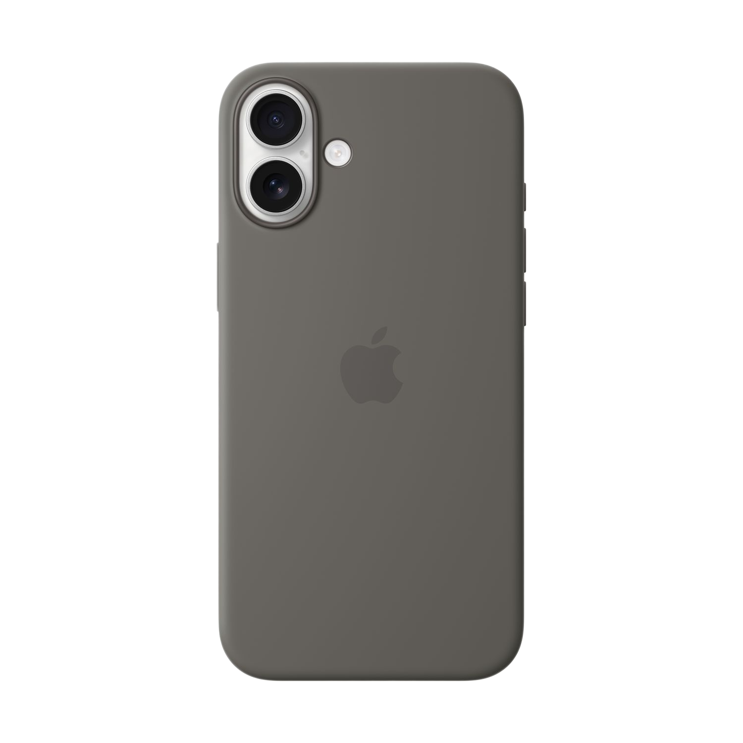 Coque iPhone 12 Apple gris foncé. Vue arrière du téléphone avec deux objectifs et le logo Apple.