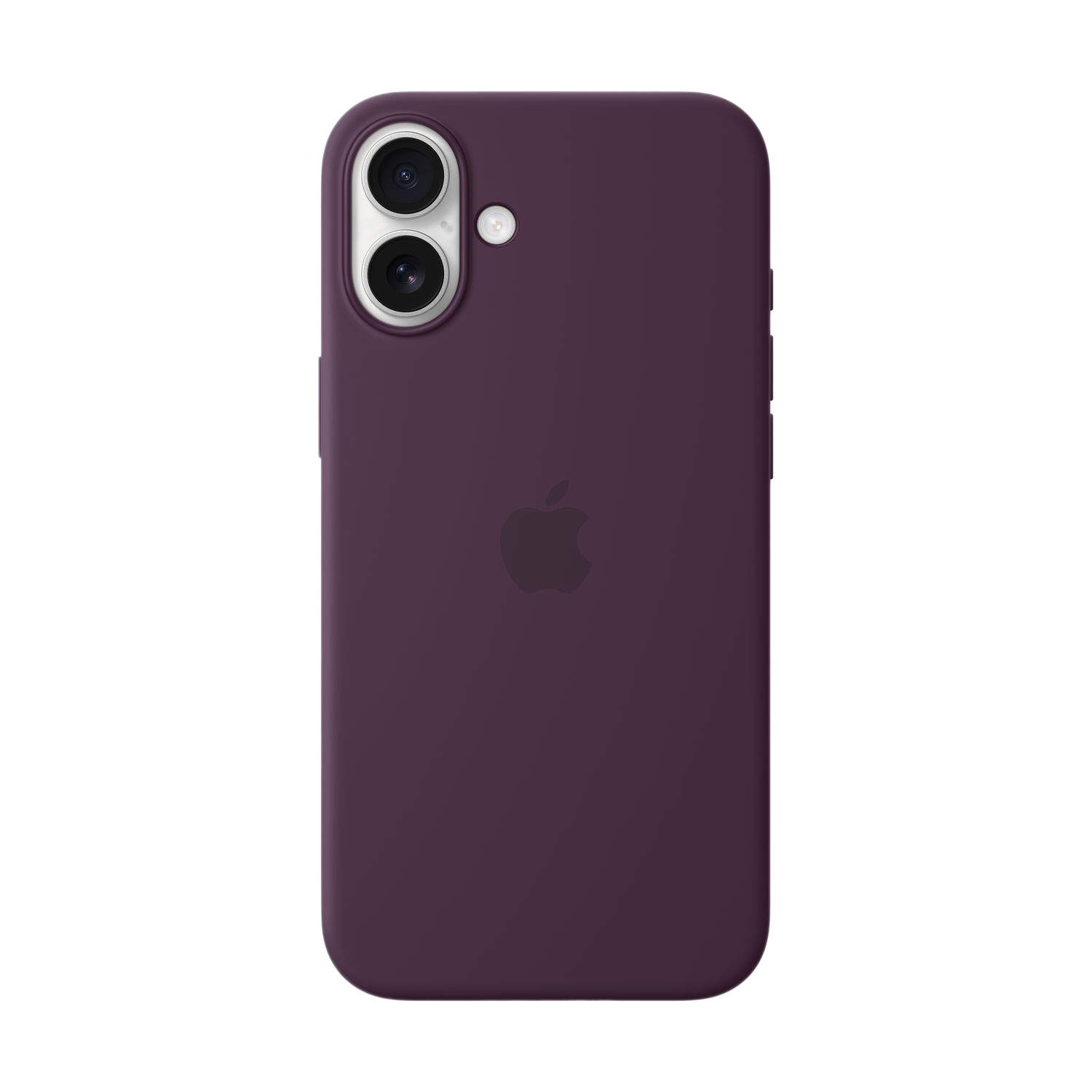 Téléphone violet avec le logo Apple au dos. Deux caméras à l'arrière, fond noir.