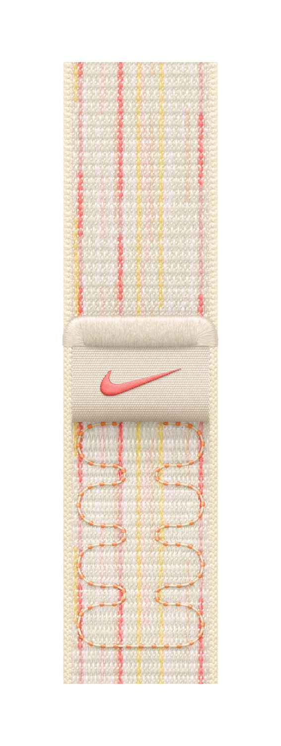Een Nike horlogeband met een witte achtergrond en roze en oranje strepen. Het Nike-logo is zichtbaar.