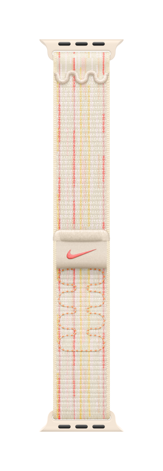 Apple Watch-bandje, crèmekleurig met strepen en Nike-logo. Zwarte achtergrond.