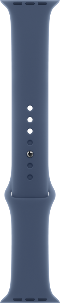 Blauwe Apple Watch band met gaten en een sluiting op een witte achtergrond.