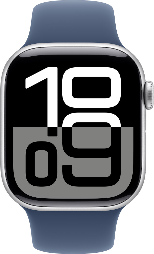 Apple Watch met blauwe band. Wijzerplaat toont de tijd: 10:09. Blauwe band, zwart-wit scherm.