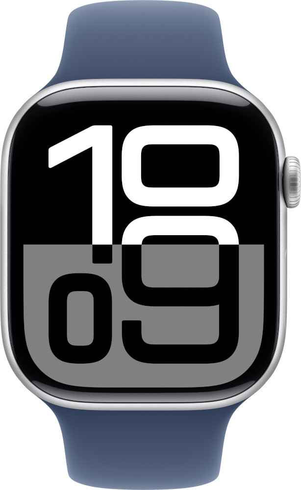 Een smartwatch met een blauwe band die de tijd 10:09 weergeeft.