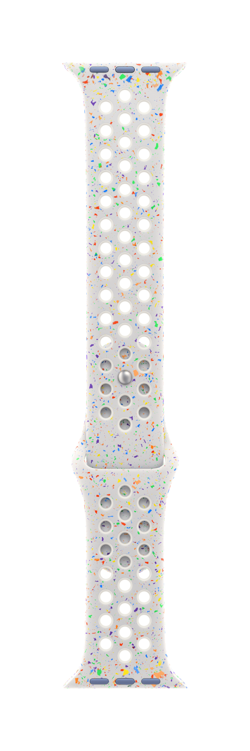 Witte Apple Watch band met kleurrijke spikkels en gaten, multi-gekleurde accenten.
